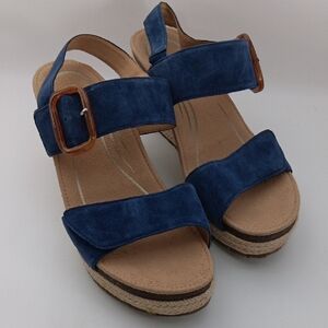 AETREX BLUE ESPADRILLE SANDALS WITH TAN ACCENTS